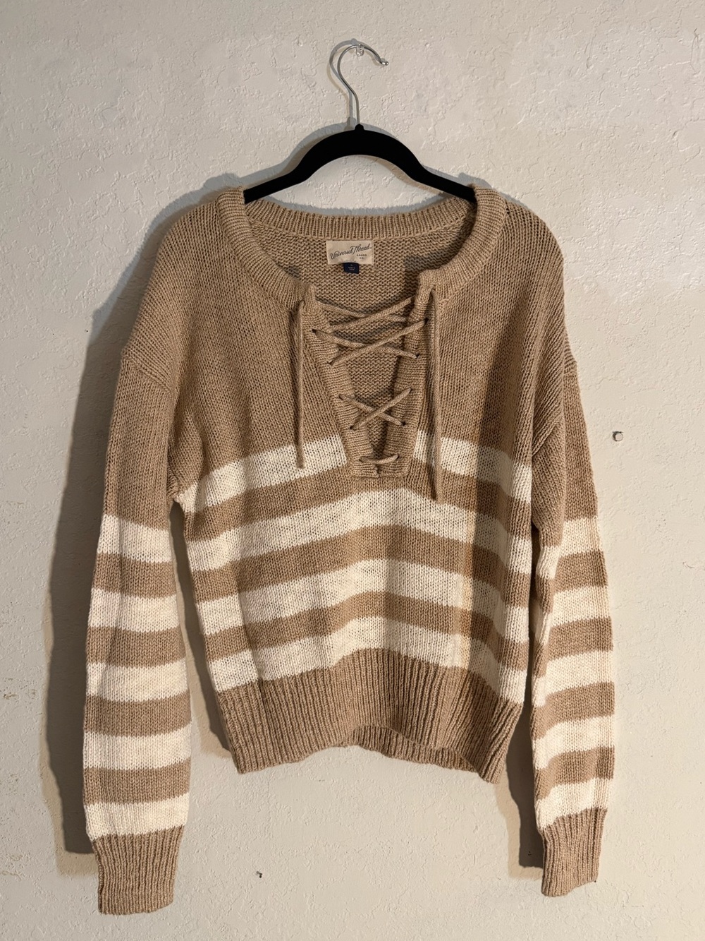 NWT | Universal Thread - Lace-Up Striped Sweater | Beige and Cream | S